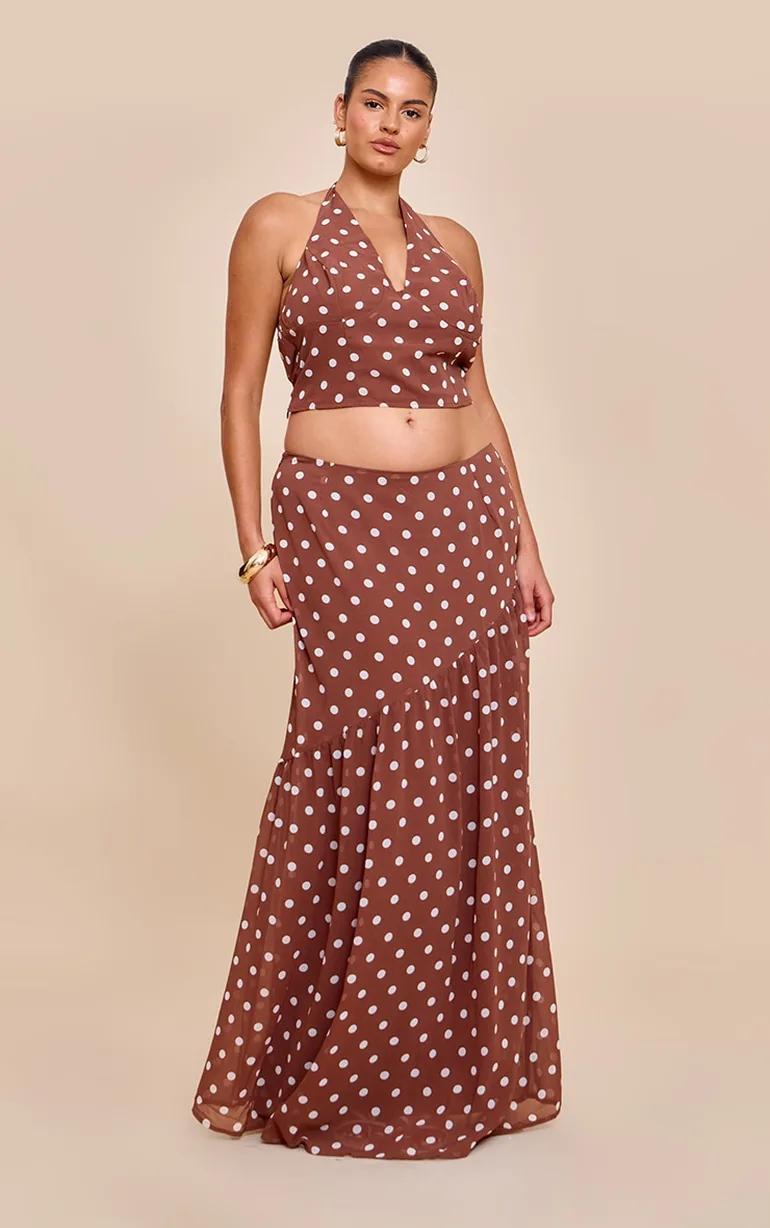 Plus Chocolate Polka Dot Halterneck Chiffon Top