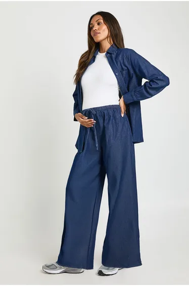 Maternity Chambray Drawstring Wide Leg Trouser - indigo