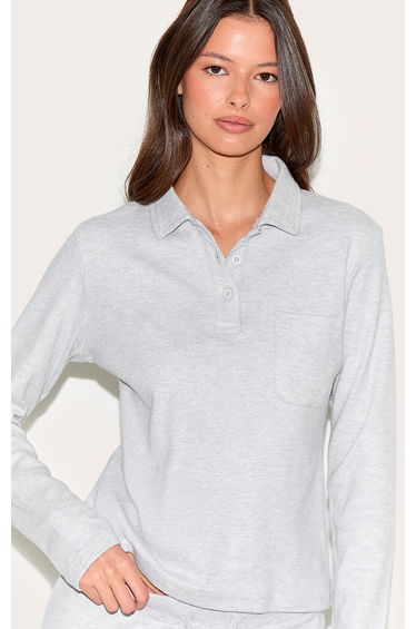 Light Grey Long Sleeved Super Soft V Neck Button Up Top product thumbnail 2