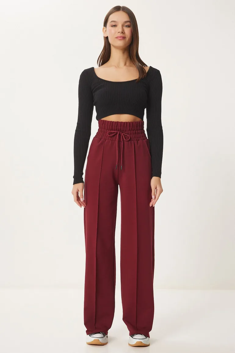 Women's Burgundy Pocket Basic Knitted Sweatpants