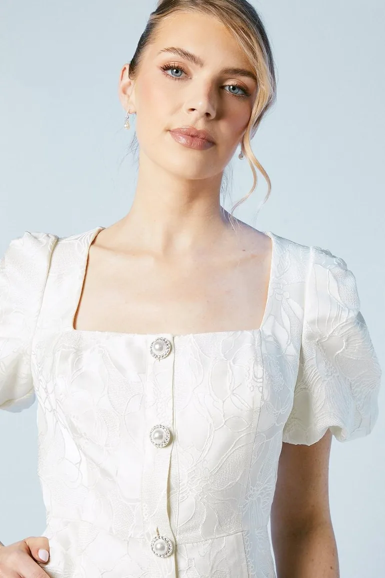Puff Sleeve Jewel Button Bridal Mini Dress - 2