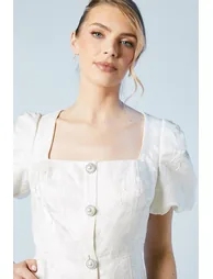 Puff Sleeve Jewel Button Bridal Mini Dress - 2