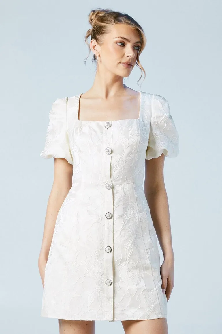 Puff Sleeve Jewel Button Bridal Mini Dress - 1