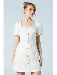 Puff Sleeve Jewel Button Bridal Mini Dress - 1