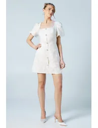 Puff Sleeve Jewel Button Bridal Mini Dress