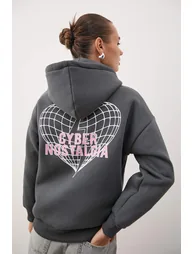 Anthracite back slogan printed oversize/wide mold hooded knitted sweatshirt - 2