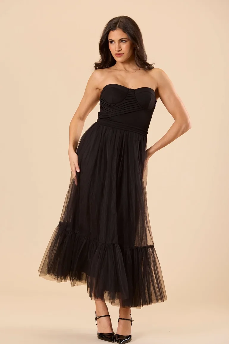 Kobe Tulle Midi Dress in Black