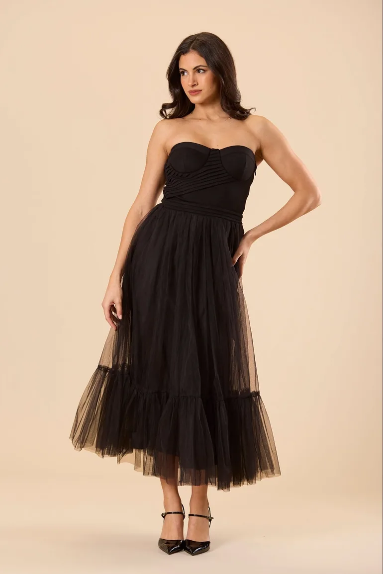 Kobe Tulle Midi Dress in Black - 5