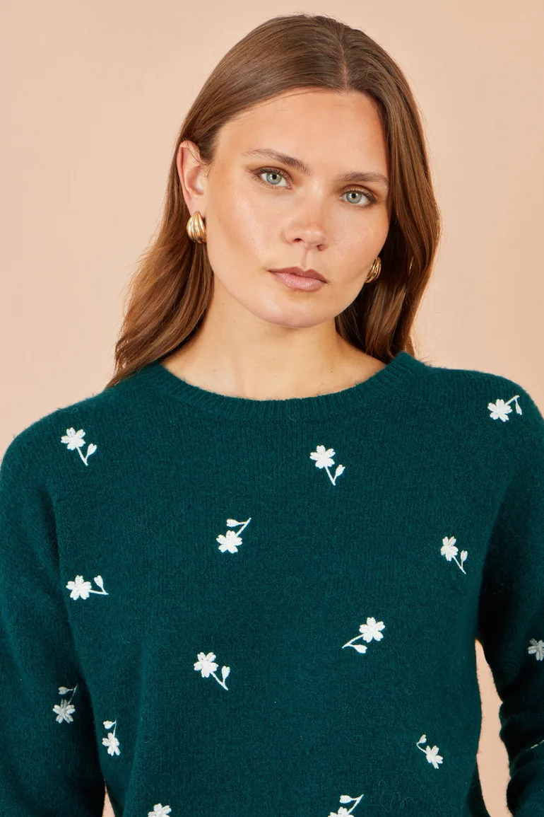 Yumi Green Daisy Embroidered Relaxed Jumper - 2