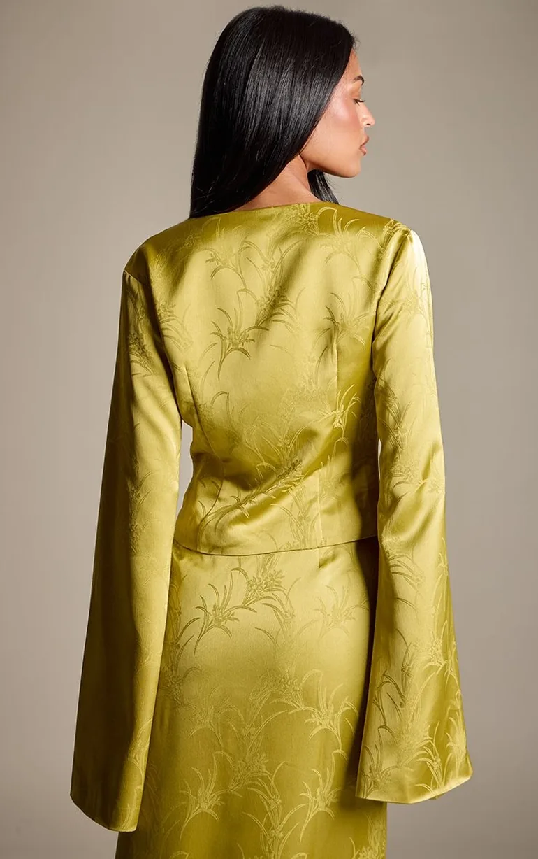 Tall Olive Satin Jacquard Tie Front Blouse - 2