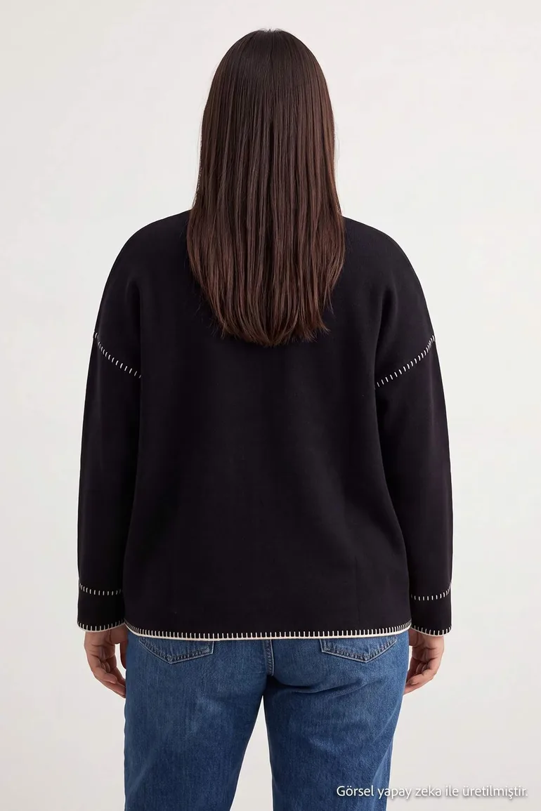 Black Polo Collar Embroidered Knitwear Cardigan - 4