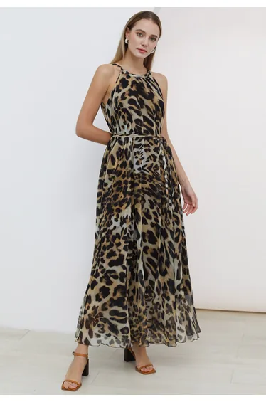 Alluring Animal Print Halter Neck Chiffon Maxi Dress