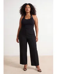 Black Ribbed Woven Plus Size Trousers