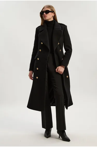 Wool Double Breasted Military Tailored Midi Coat