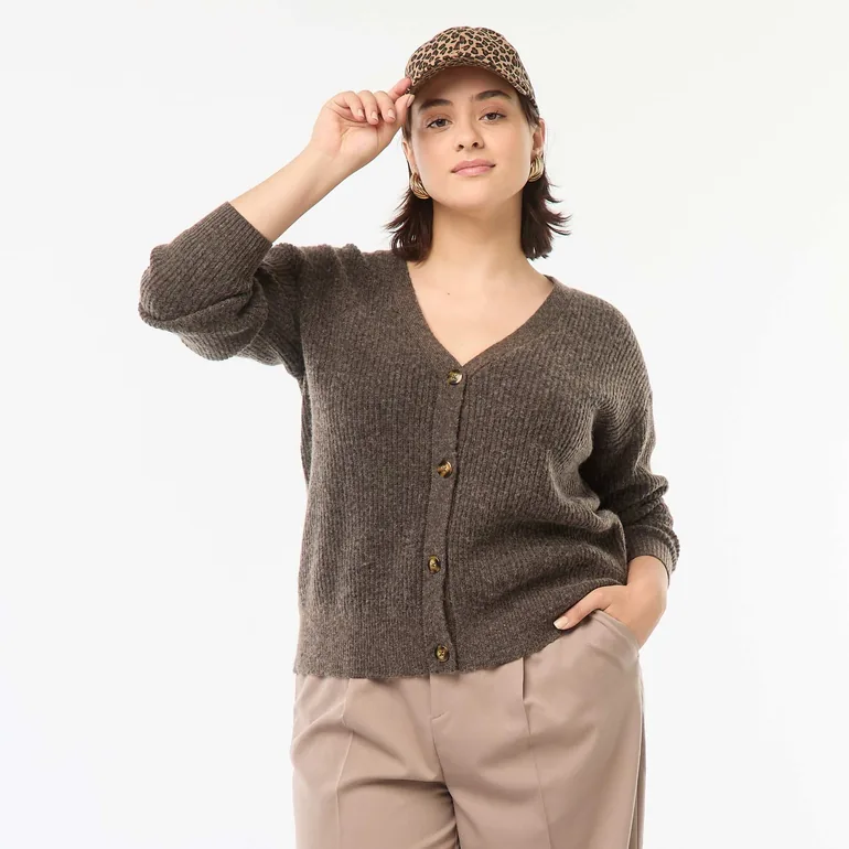 Ribbed knit cardigan BROWN - 1