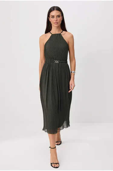 Khaki Belt Detailed and Pleated Woven Dress