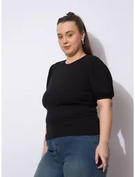 Plus Size Black Ribbed Top with Puff Sleeves - 2