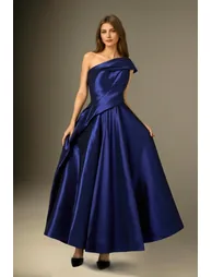 Indigo Elegance Navy A-Line Dress with One Shoulder - 3