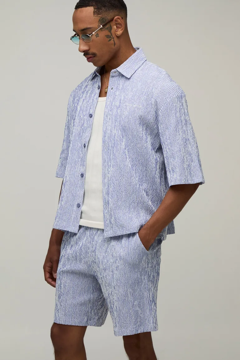Stripe Seersucker Embroidered Boxy Oversized Shirt & Short Set - navy
