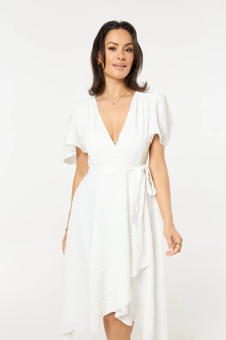 White Wrap Midi Dress with Flutter Sleeves - 2