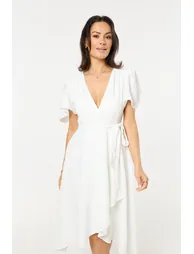 White Wrap Midi Dress with Flutter Sleeves - 2
