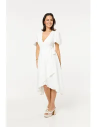 White Wrap Midi Dress with Flutter Sleeves - 1