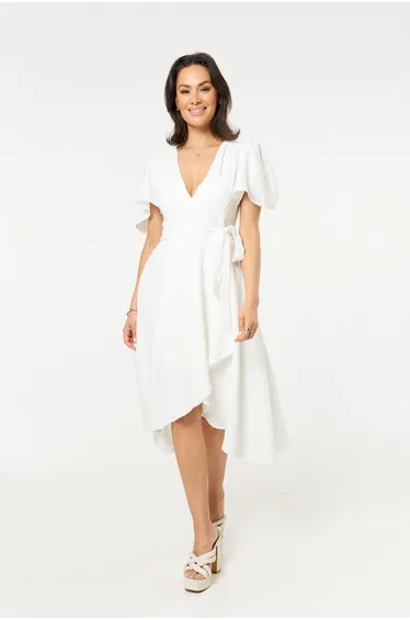 White Wrap Midi Dress with Flutter Sleeves