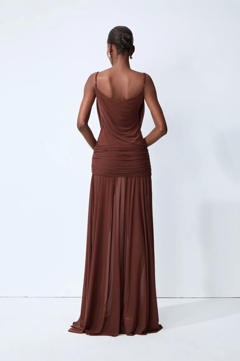 Signature Look Brown Cowl Neck Semi-sheer Maxi Dress - 8