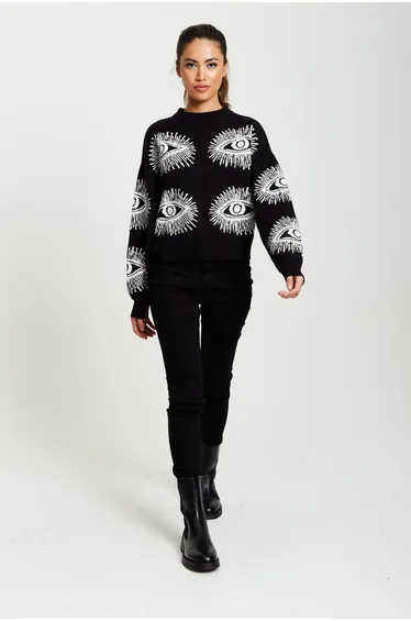 Women's Jumper in Black with Long Sleeves and Eye Pattern Design .