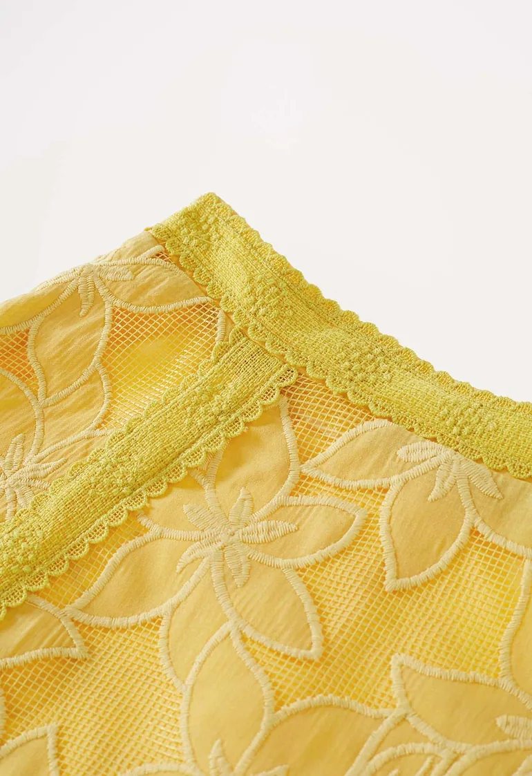 Serene Floral Grid Lace Sleeveless Top and Maxi Skirt Set in Yellow for Outdoor Weddings & Vacation Getaways - 12