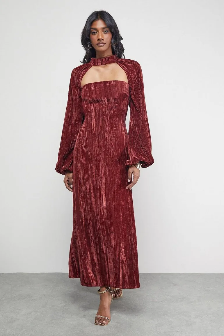 Crinkle Velvet Cutout Blouson Sleeve Midi Dress