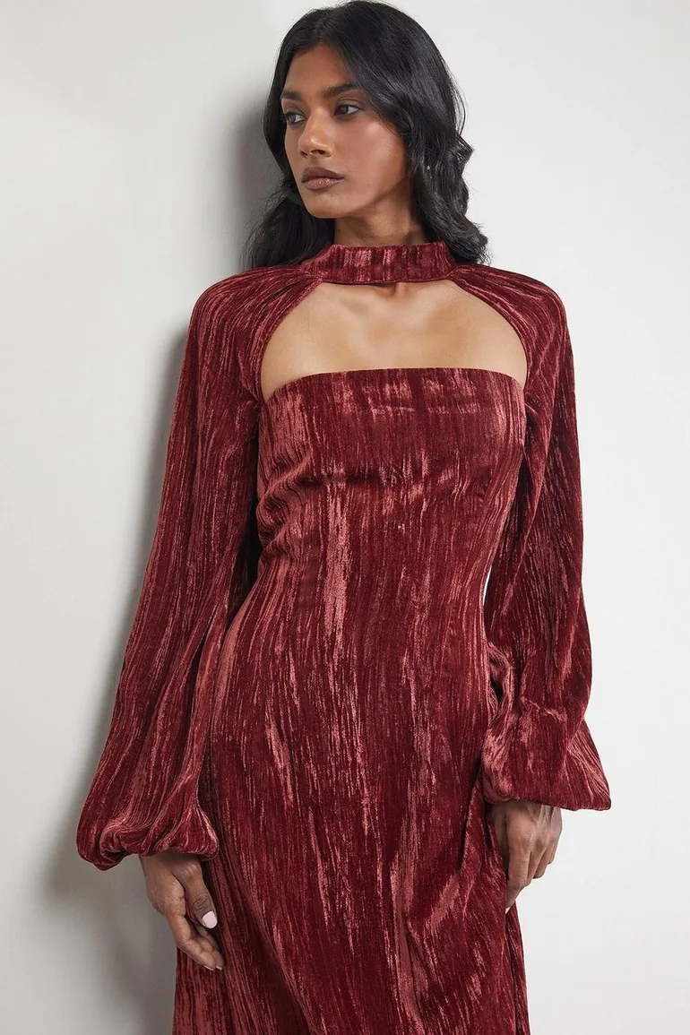 Crinkle Velvet Cutout Blouson Sleeve Midi Dress - 1
