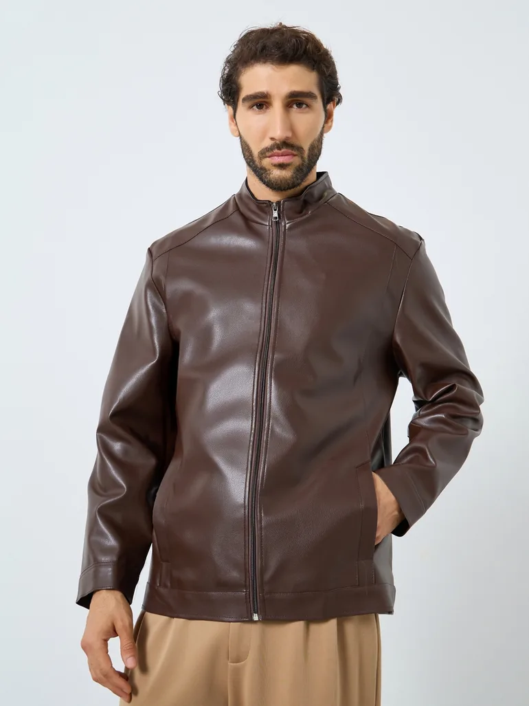 Men Relaxed Fit Leather Look Jacket with Zip - 2