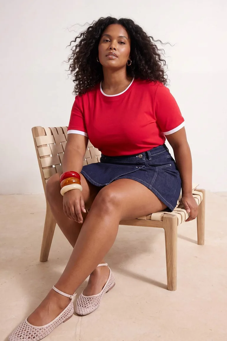 Red Collar Sleeve and Hem Detail Basic Knitted Plus Size Blouse - 3