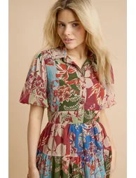 Patchwork Floral Puff Sleeve Dropped Waist Shirt Mini Dress - 3