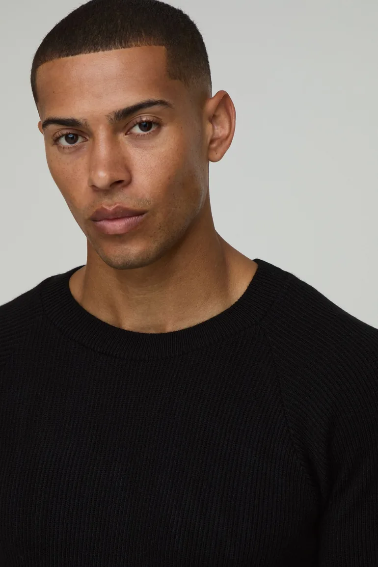 Muscle Fit Raglan Ribbed Knitted T-Shirt - black - 2
