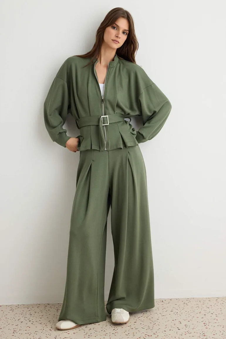 Khaki Zippered Belted Wide Leg Soft/Soft Touch Knitted Top and Bottom Set