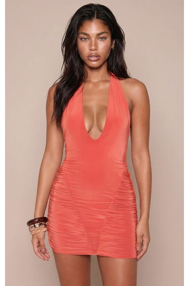 Orange Double Layer Slinky Halter Neck Ruched Side Mini Dress product thumbnail 2