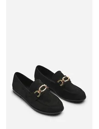 Lettie Chain Trim Detail Flat Loafers in Black Suede - 3
