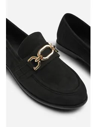 Lettie Chain Trim Detail Flat Loafers in Black Suede - 4
