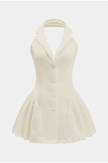 Halter Neck Button Ruffle Sleeveless Mini Dress