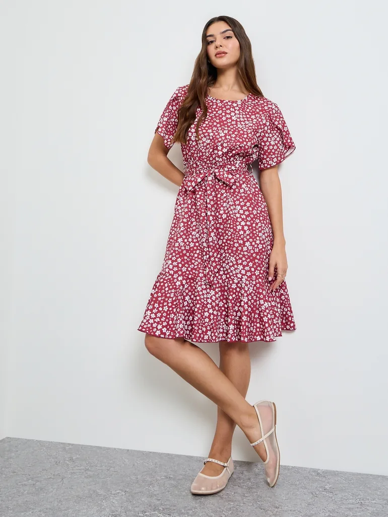 Red Ditsy Print A-Line Knee Length Dress
