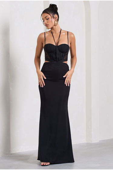 Stardom | Black Chiffon Strappy Sweetheart Cut-Out Maxi Dress product thumbnail 4