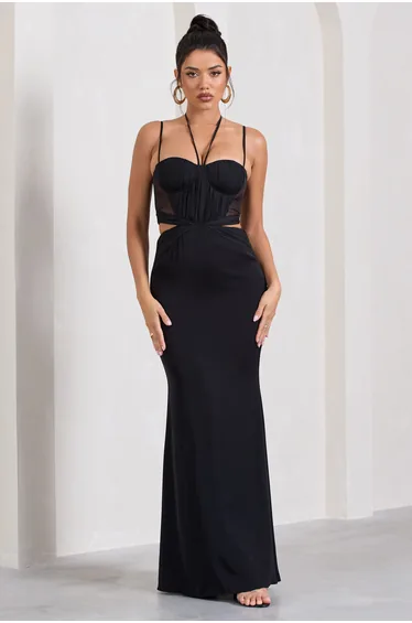 Stardom | Black Chiffon Strappy Sweetheart Cut-Out Maxi Dress
