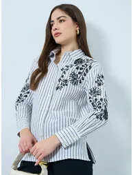 Floral Embroidered Stripe Long Sleeve Shirt - 1