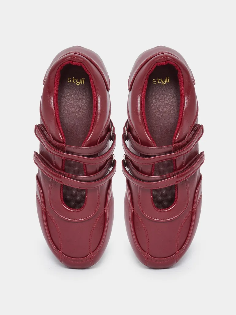Burgundy Leather Look Two Straps Loafers - 5