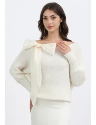Organza Bowknot Sequin Embellished Fuzzy Knit Sweater in Ivory - 1