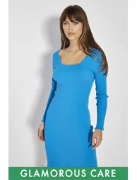 Glamorous Care Cyan Blue Square Neck Knitted Midi Dress - 1