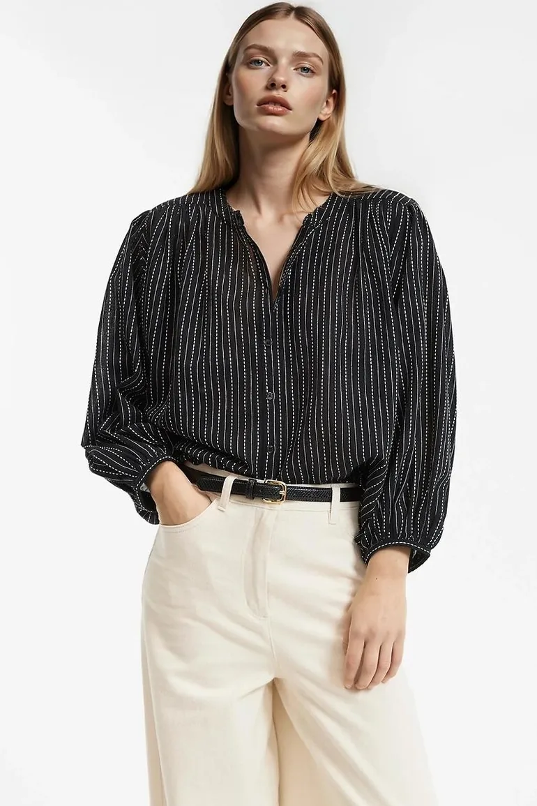 Striped Mandarin Collar Shirt with 3/4 Length Sleeves - 1