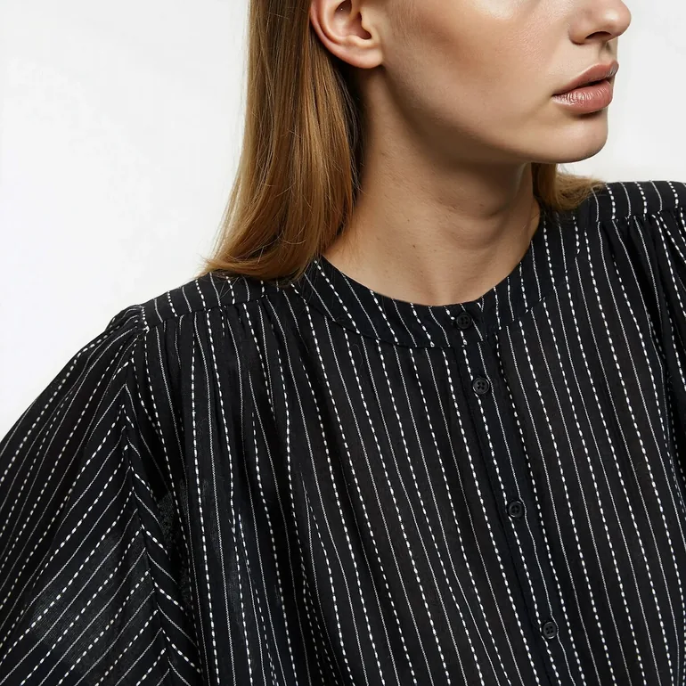 Striped Mandarin Collar Shirt with 3/4 Length Sleeves - 2
